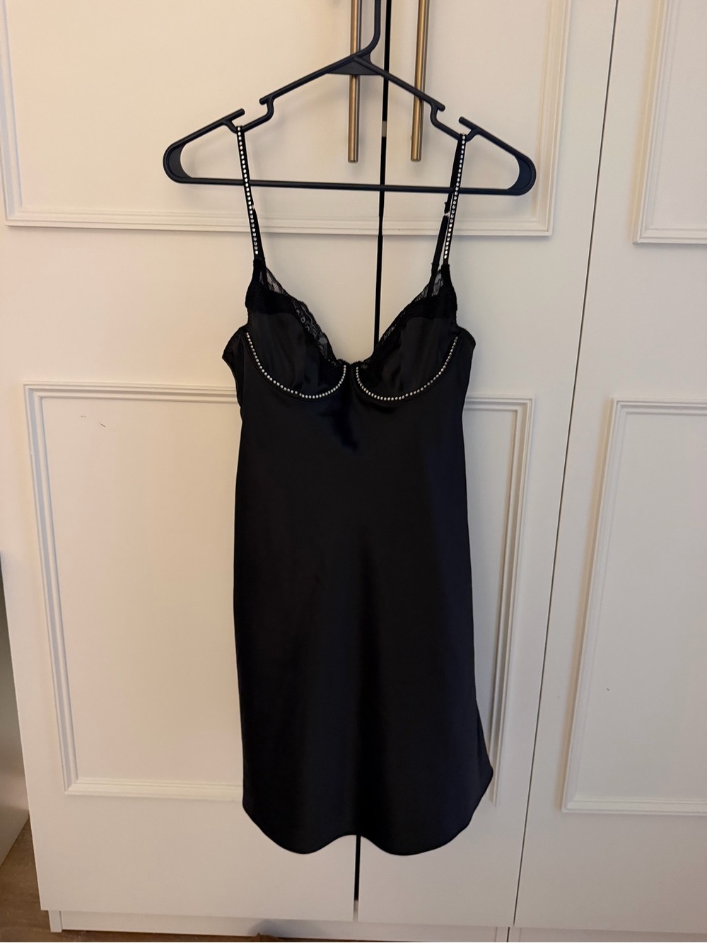 Victoria's Secret Black Satin Slip with Rhinestone Straps - Picture 2 of 5